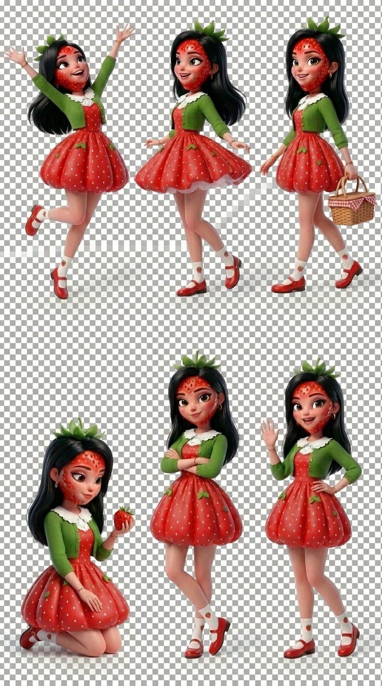 Morangota, personagem da marca, em poses encantadoras